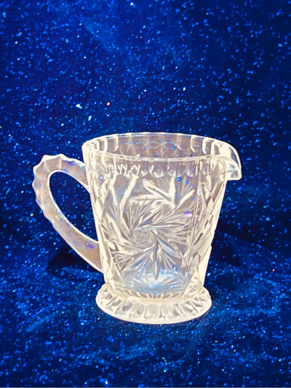 Vintage UV Glow Glass Cut Crystal Style Clear Glass Creamer Pitcher